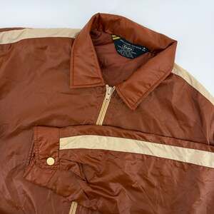 Vintage Sears Mens Brown Nylon Windbreaker Jacket Racing Stripe Size Medium 70s